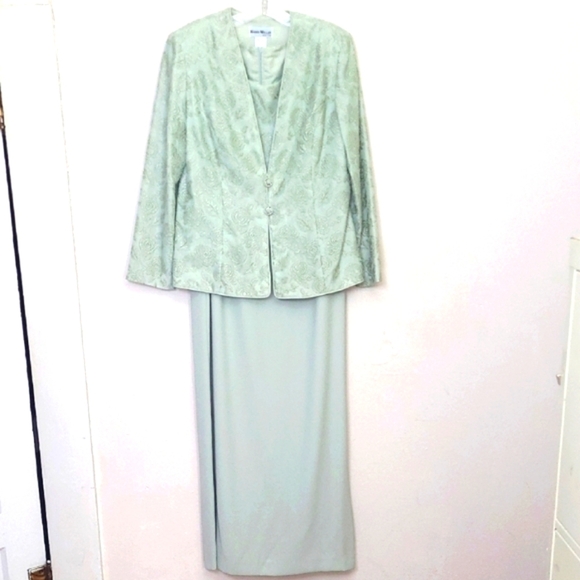 Formal Maxi Dress Matching Blazer Pastel Sea Foam Green Lace High Crew Neck - Picture 14 of 15
